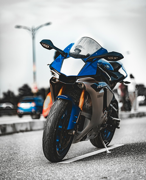 Blue sport motorcycle ready for the city